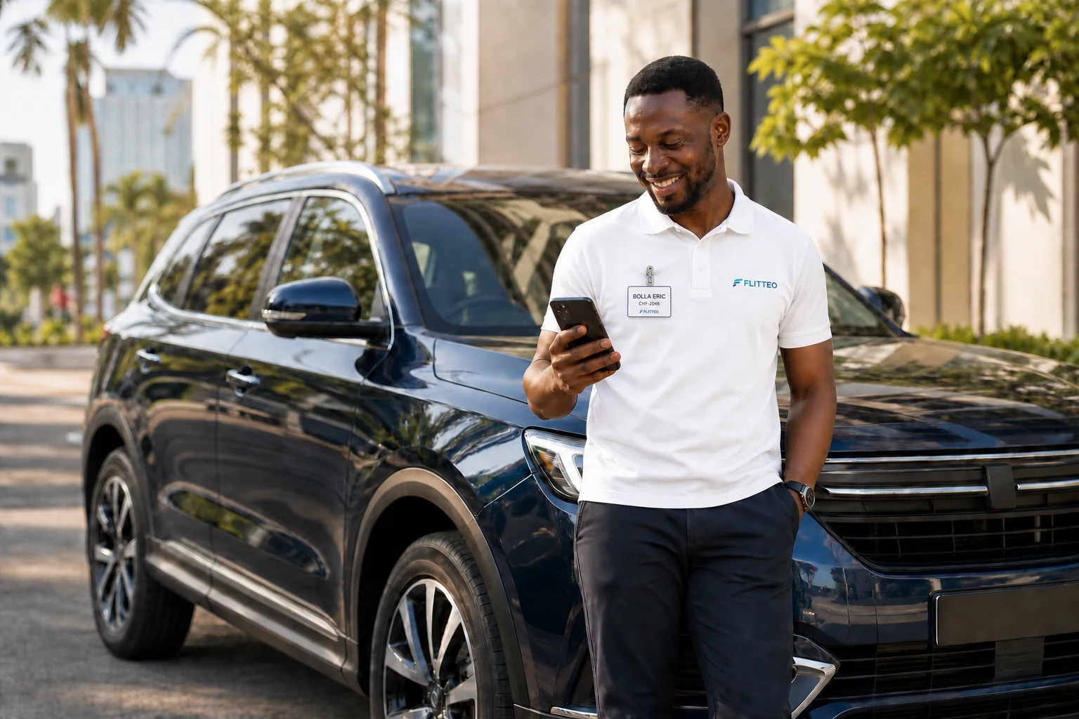 Bolla Eric, chauffeur Flitteo en polo blanc, consultant l'application devant son SUV